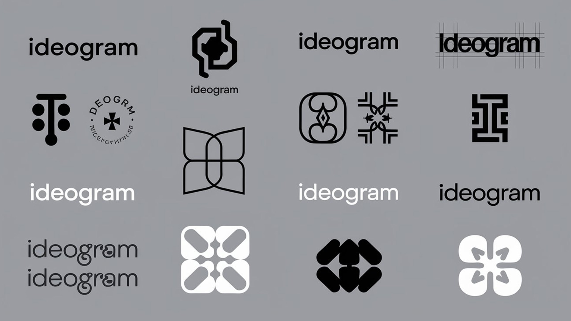 Результат промпту: "Different many logotypes with text "Ideogram" on one gray background"