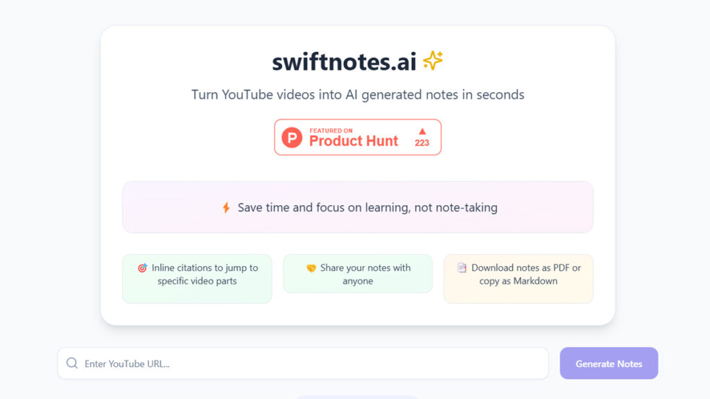 Swiftnotes.ai – ШІ-інструмент для швидкого конспектування YouTube-відео