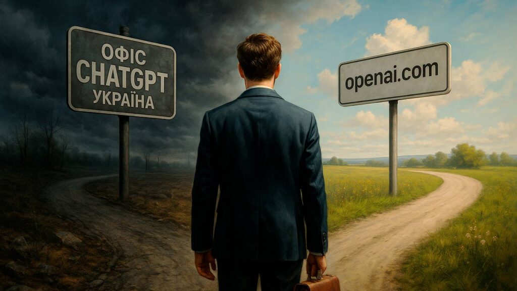Людина на роздоріжжі: зліва темна дорога з вивіскою «офіс ChatGPT Україна», справа світла дорога з написом «openai.com».