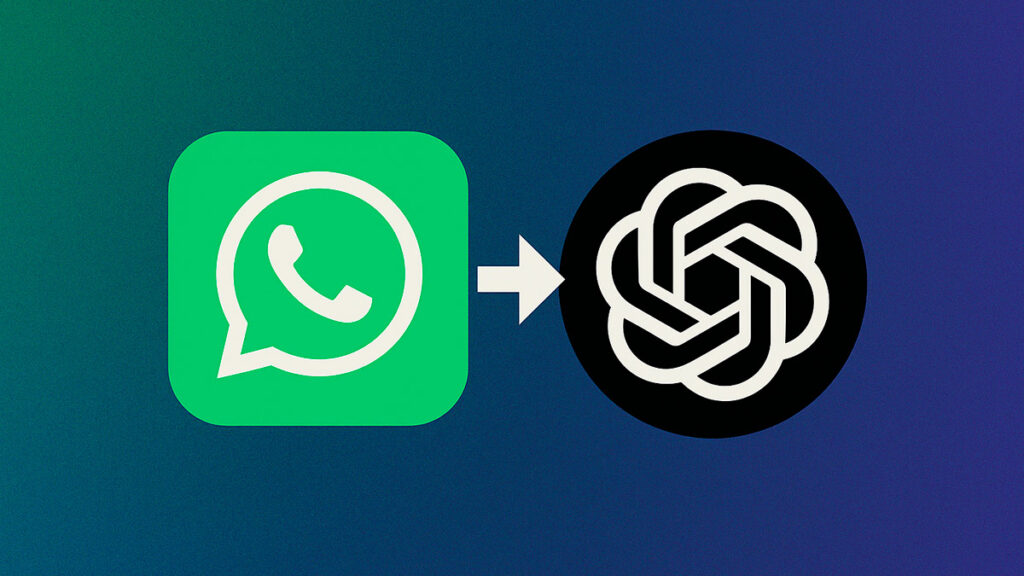 Логотип WhatsApp ліворуч і логотип ChatGPT праворуч, з’єднані білою стрілкою на фоні плавного градієнта від зеленого до синьо-фіолетового. Зображення символізує перехід користувачів ChatGPT з платформи WhatsApp до офіційних додатків OpenAI.