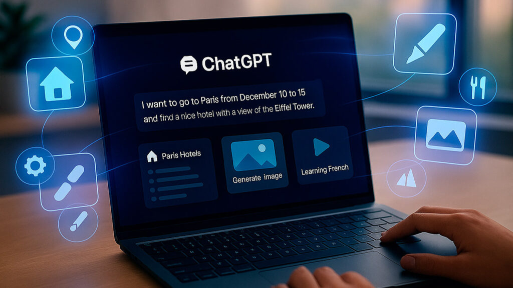 На зображенні сучасний ноутбук із відкритим інтерфейсом ChatGPT. На екрані видно текст запиту англійською: «I want to go to Paris from December 10 to 15 and find a nice hotel with a view of the Eiffel Tower.» Під запитом розташовані інтерактивні картки: Paris Hotels, Generate image і Learning French.