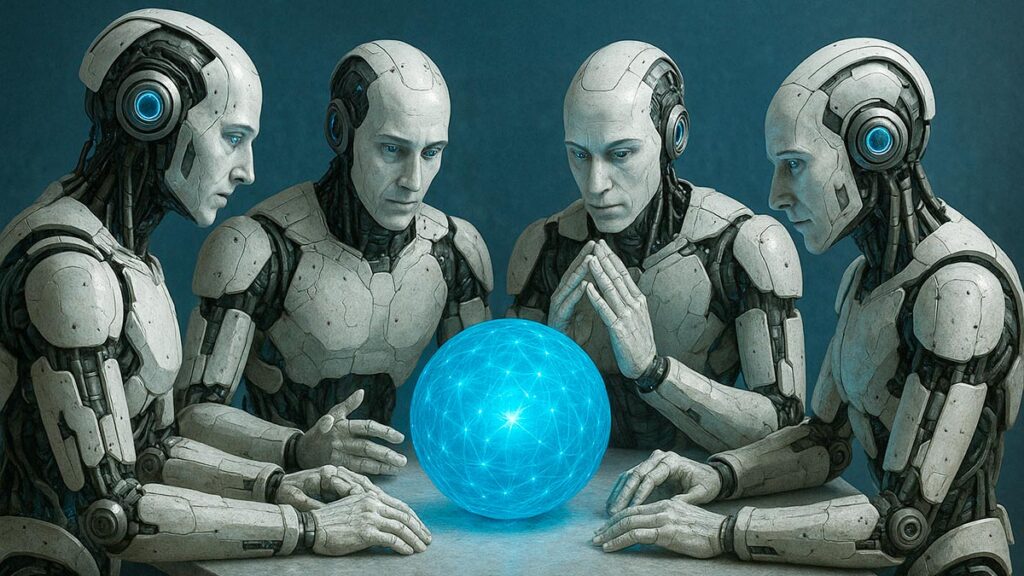 Група гуманоїдних роботів сидить за столом навколо сяючої синьої сфери, що символізує спільний розум або штучний інтелект. Світло від сфери освітлює їхні металеві обличчя, створюючи атмосферу зосередженості та співпраці.