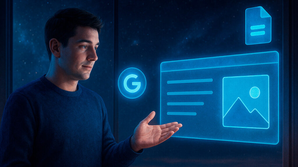 Фотореалістична ілюстрація, що зображує сучасного чоловіка, який керує голографічними слайдами, створеними за допомогою Google Gemini.