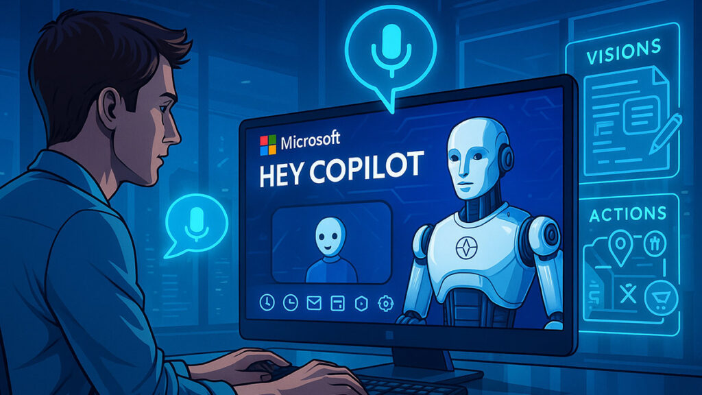 Людина працює за комп’ютером із відкритим вікном Windows 11 Copilot. На екрані видно голосову активацію «Hey Copilot», а довкола в повітрі світяться голограми штучного інтелекту, неонові лінії й символи даних.
