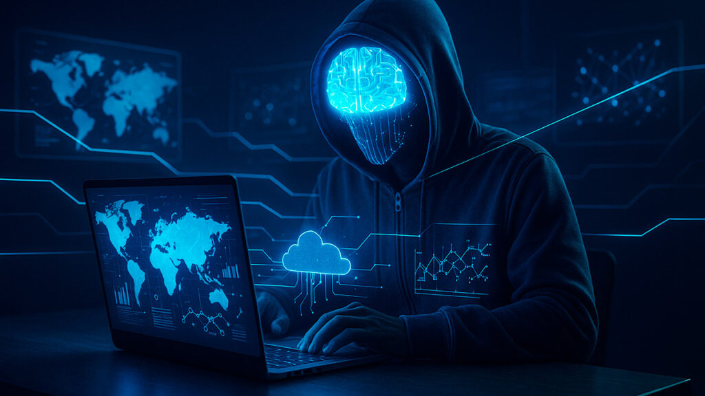 Безликий силует у худі працює за ноутбуком, а над його обличчям світиться голографічний «мозок ШІ». На екрані — карти мережі та дані атак, навколо видно неонові лінії, що символізують багатопотоковість хакерської операції.