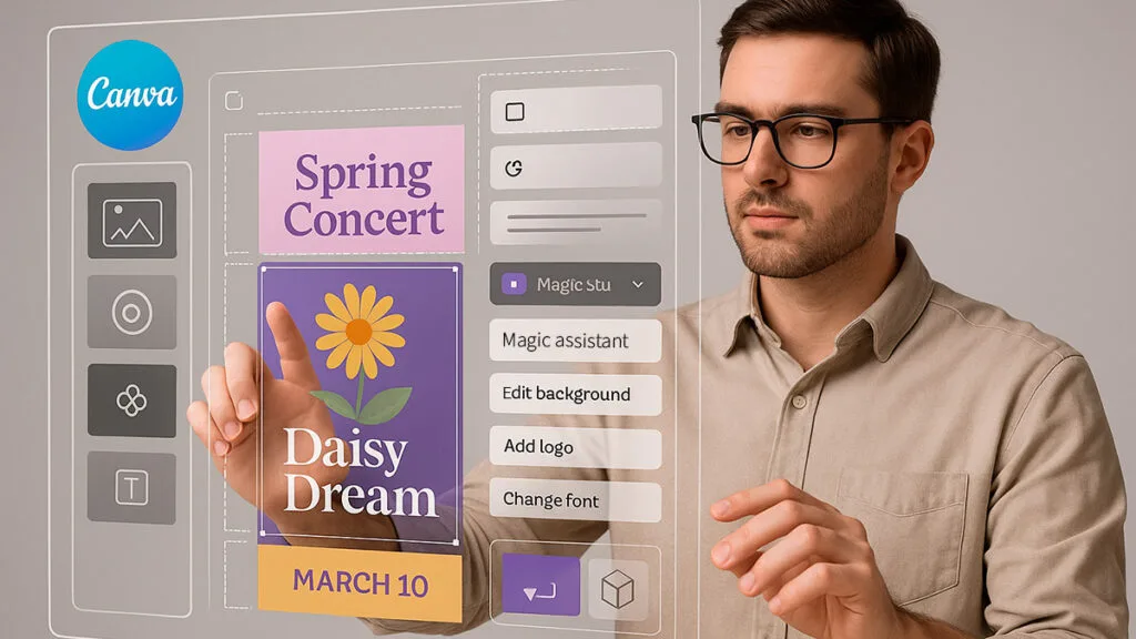 Designer using Canva’s AI tools on a transparent holographic screen, editing layered design elements with the Canva logo visible on the interface.