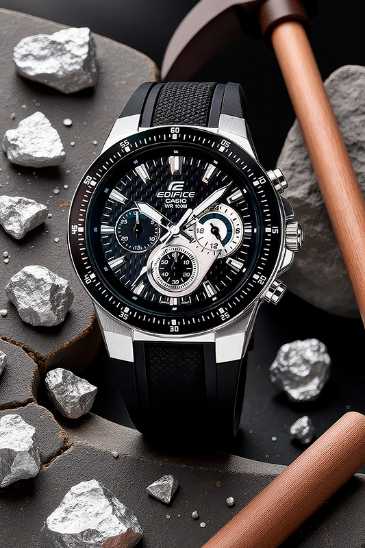 AI-згенероване фото чоловічого годинника Casio Edifice серед каменів і інструментів — приклад реалістичного візуалу для картки товару преміум-сегмента.