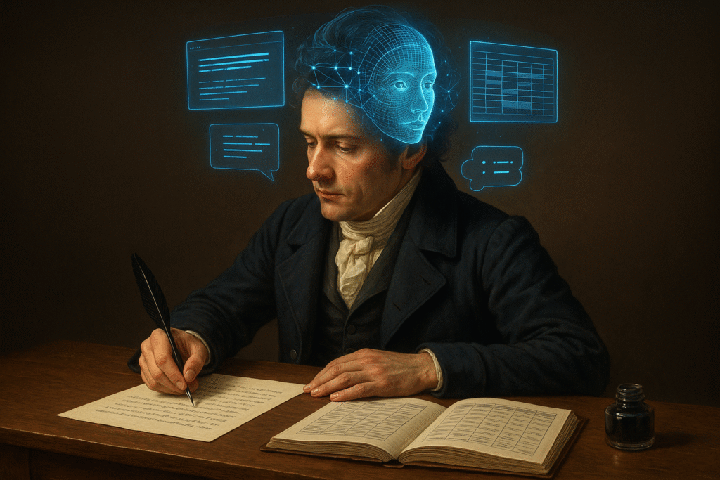 Письменник у класичному вбранні сидить за дерев’яним столом і пише, а навколо його голови з’являються голографічні зображення, що символізують роботу ШІ-помічника Notion AI на базі GPT-5.