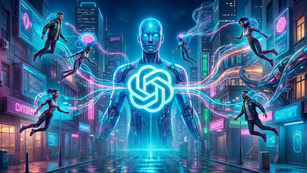 A futuristic sci-fi illustration in a neon-lit cyberpunk city. A giant glowing blue humanoid AI avatar with the ChatGPT logo on its chest stands in the center. Several humans wearing futuristic gear float around the avatar, connected to it and each other by glowing digital neural pathways and data streams above a wet, reflective street.