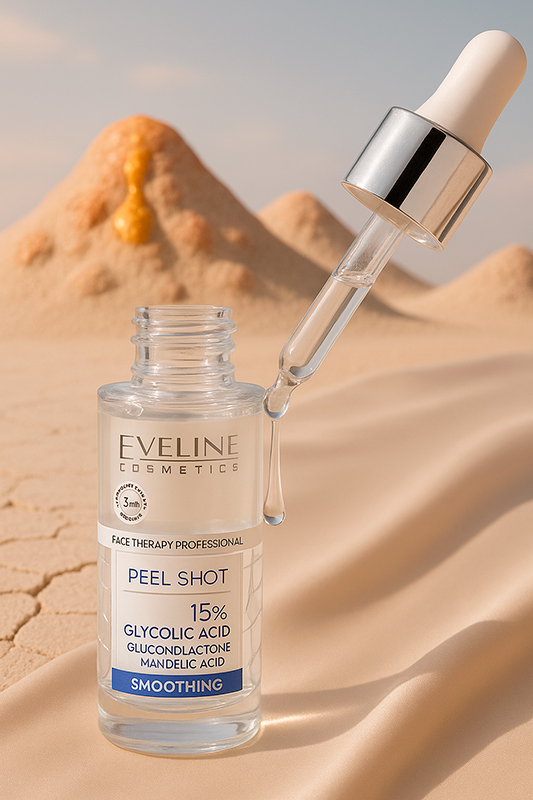 AI-згенероване фото косметичного засобу Eveline Peel Shot із піпеткою на піщаному фоні — приклад реалістичного зображення для картки товару в інтернет-магазині косметики.