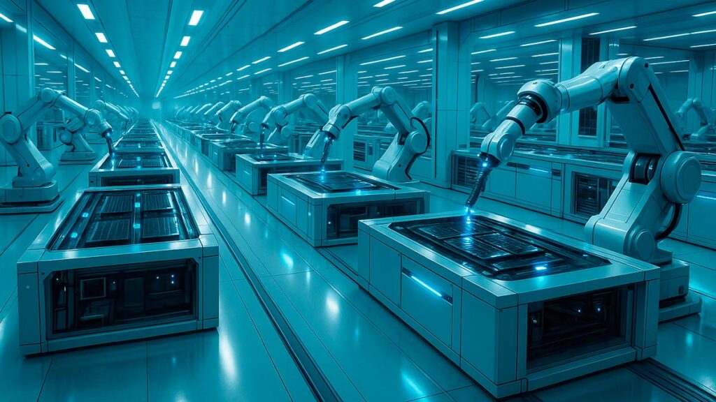 Футуристичний завод з виробництва AI-чипів з автоматизованими роботизованими руками без людей.