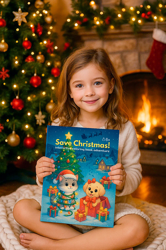 AI-згенероване фото дитини з різдвяною книжкою біля ялинки — приклад промо-візуалу для карток товарів у категорії дитячих книг.