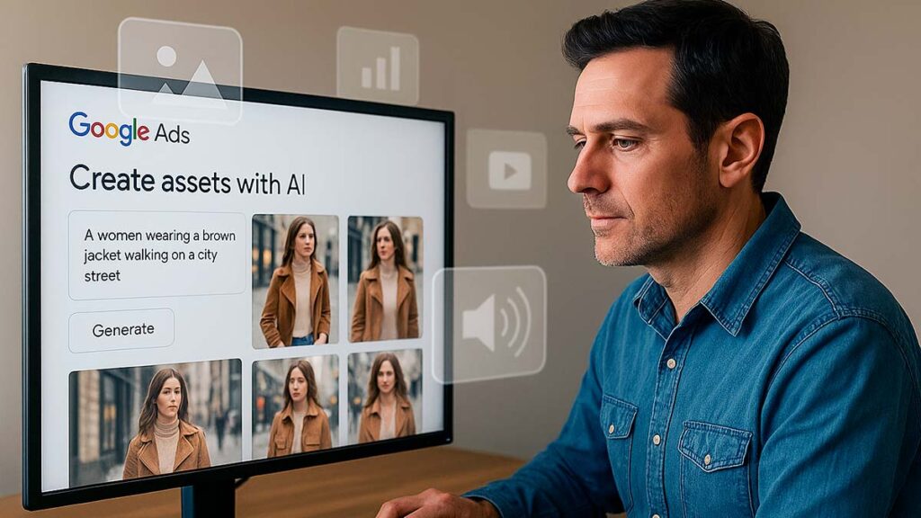 Маркетолог працює за комп’ютером у Google Ads, створюючи рекламні зображення за допомогою штучного інтелекту Asset Studio. На екрані видно приклади lifestyle-фото, згенерованих AI.