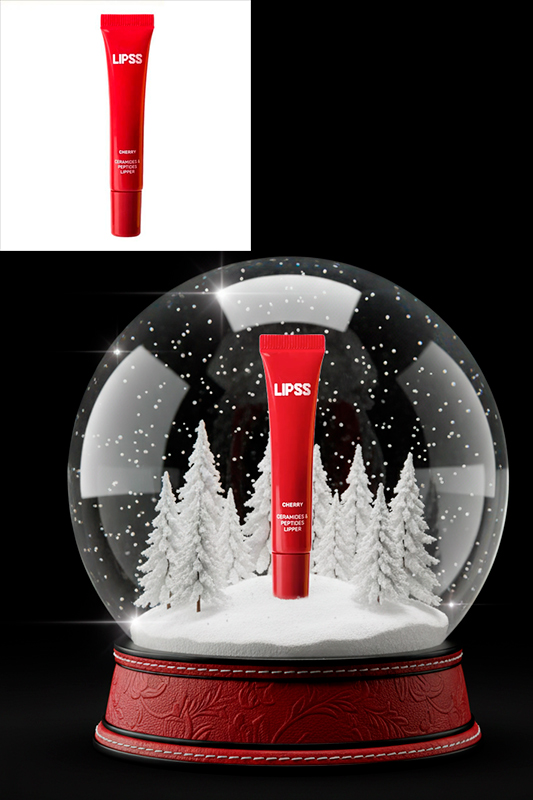 AI-фото червоного лип-глосу Lipss у сніговій кулі з зимовим лісом усередині.