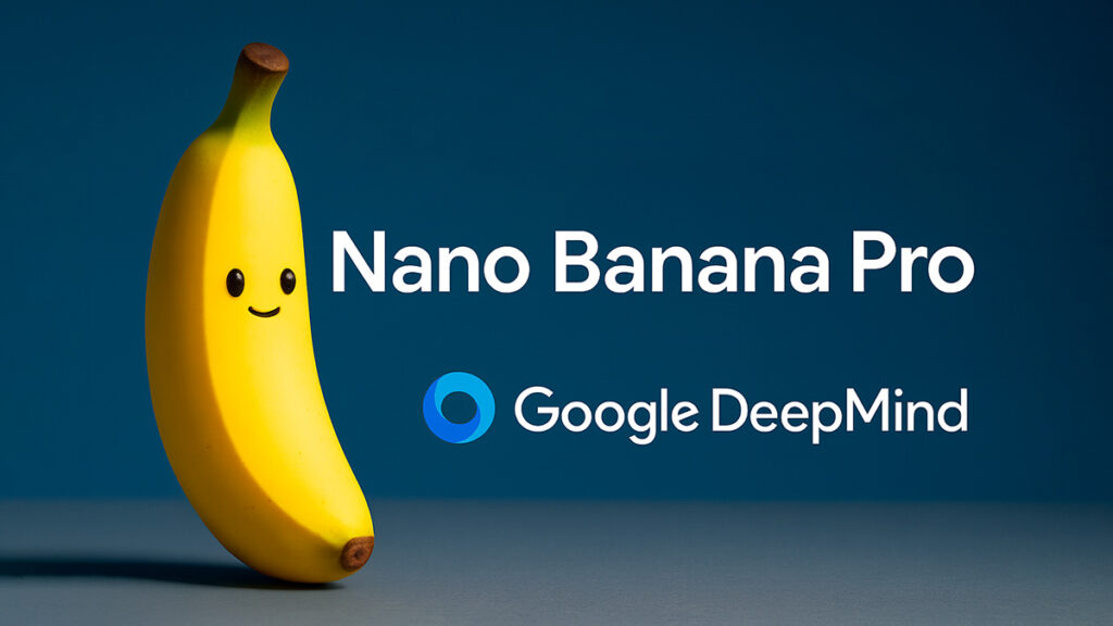3D-зображення моделі Nano Banana Pro від Google DeepMind — жовтий банан із очима на синьому фоні, поруч текстова назва Nano Banana Pro та логотип Google DeepMind.