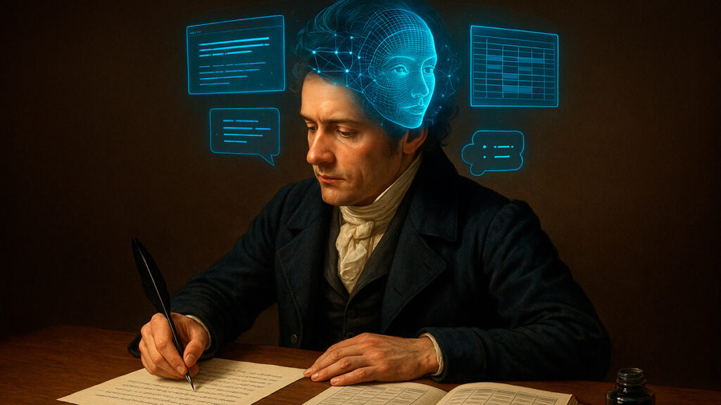 Письменник у класичному вбранні сидить за дерев’яним столом і пише, а навколо його голови з’являються голографічні зображення, що символізують роботу ШІ-помічника Notion AI на базі GPT-5.