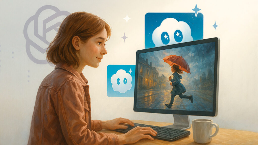 Жінка працює за комп’ютером, створюючи відео за допомогою Sora 2 від OpenAI. На моніторі — дівчинка з парасолькою, що біжить під дощем. На фоні видно логотипи OpenAI та Sora, світлий фотореалістичний фон і м’яке освітлення.