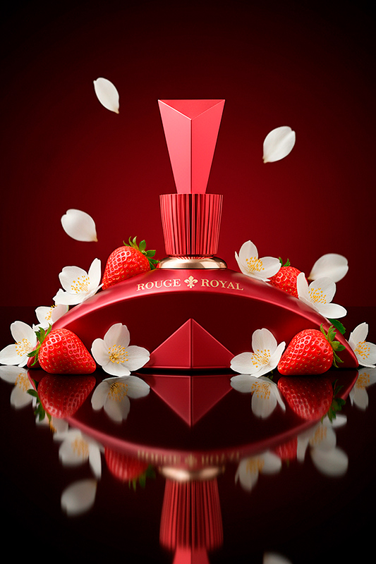 AI-фото флакону парфумів Rouge Royal з полуницями та білими пелюстками — приклад генерації зображень для карток товарів косметичного бренду.