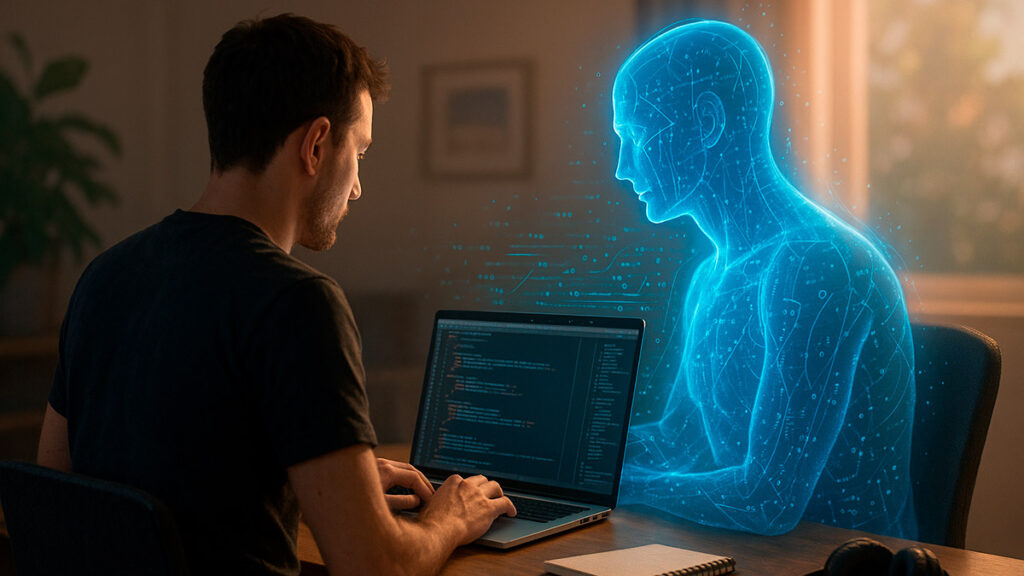 Розробник працює за ноутбуком поруч із прозорою світловою фігурою штучного інтелекту, що допомагає писати код