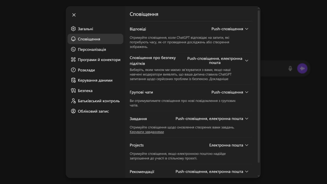 Скріншот налаштування чатГПТ