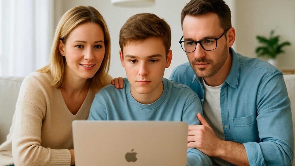 Сім'я налаштовує батьківський контроль у ChatGPT, дивлячись на ноутбук разом із підлітком.