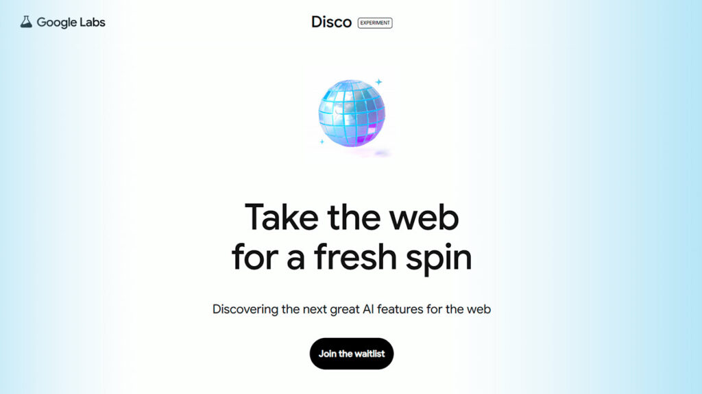 Обкладинка статті про Google Disco — експериментальний браузер Google Labs з Gemini, з 3D диско-кулею на світлому фоні
