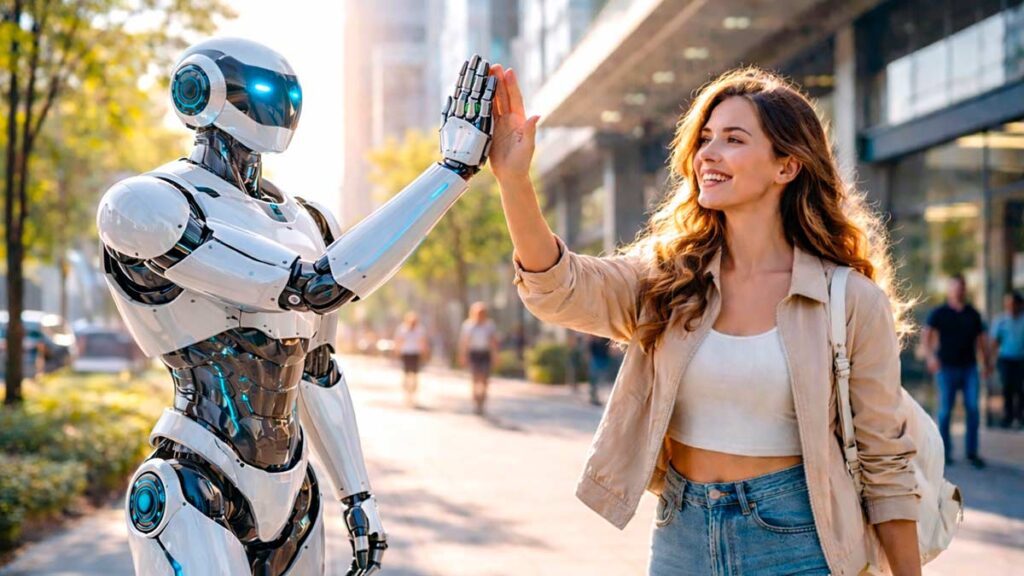 Гуманоїдний робот на футуристичній міській вулиці дає п’ять дівчині, символізуючи доступність ChatGPT Go в Україні та взаємодію людей з технологіями.