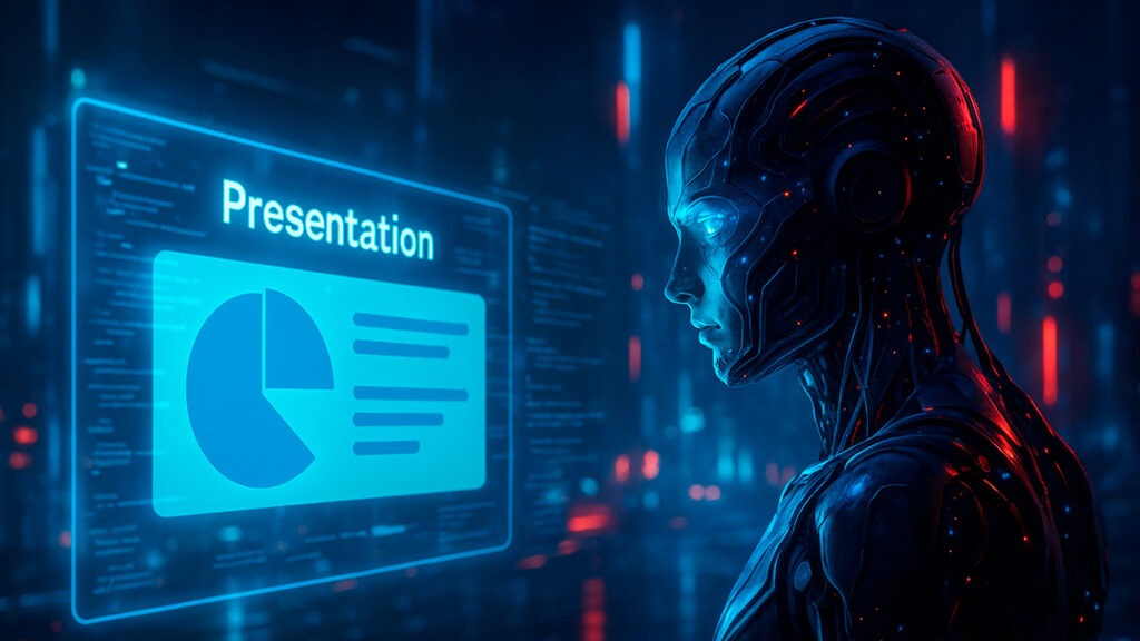 Фотореалістична сюрреалістична сцена з кібернетичним андроїдом, який працює з неоновим голографічним інтерфейсом, що нагадує презентацію.