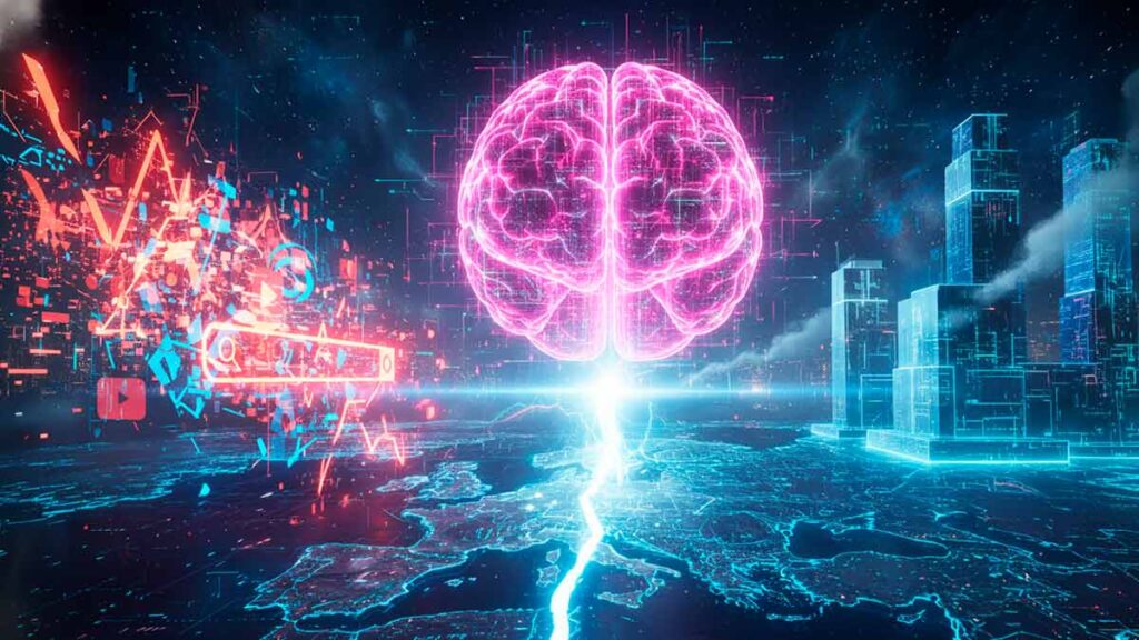 Сюрреалістичне фантастичне зображення штучного інтелекту між Google та Європейською комісією, що символізує цифровий конфлікт і розслідування.