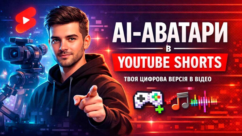 AI-аватар автора для YouTube Shorts у фотореалістичному стилі на тлі цифрової екосистеми відео, музики та ігор