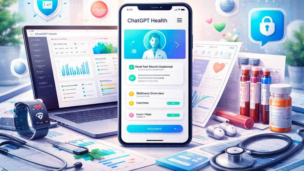 ChatGPT Health інтерфейс на смартфоні та ноутбуці з медичними аналізами, фітнес-трекером і медичними інструментами