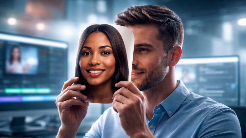 AI-аватар у Google Vids: диктор читає текст, тримаючи маску з іншим обличчям