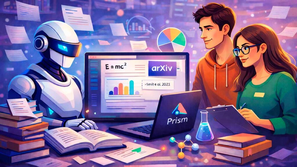 Гуманоїдний ШІ-асистент і дослідники працюють над науковою статтею в цифровому редакторі