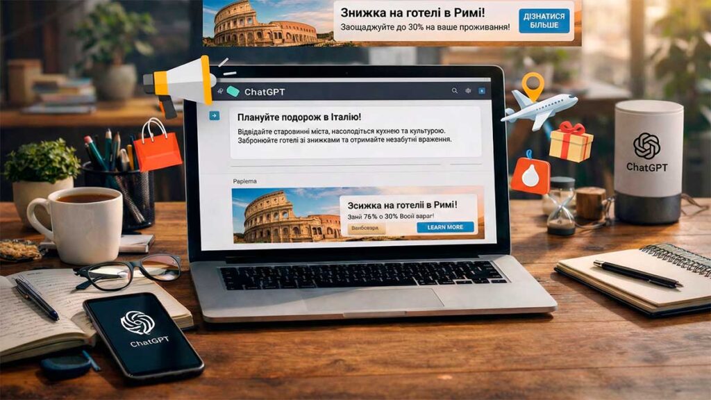 Фотореалістичне робоче місце з ноутбуком, на екрані ChatGPT українською мовою з прикладом рекламного блоку під відповіддю, символи онлайн-сервісів і подорожей