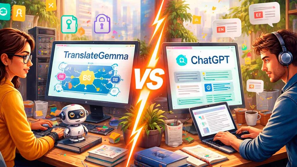 Фотореалістичне порівняння AI-перекладачів TranslateGemma та ChatGPT: два перекладачі за робочими столами з різним підходом до перекладу
