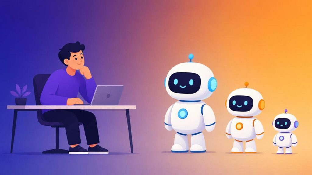 Плоска ілюстрація: людина обирає між трьома роботами-персонажами різного розміру