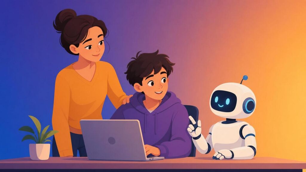 Флет-ілюстрація підлітка з ноутбуком і дружнім робота-помічником поруч із турботливим батьківським наглядом