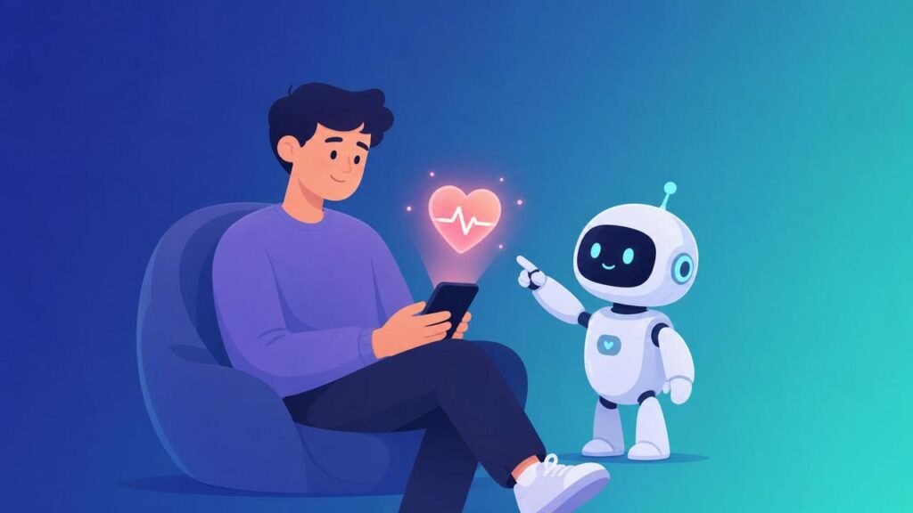 Людина зі смартфоном і світною іконкою серця поруч, робот-помічник пояснює дані