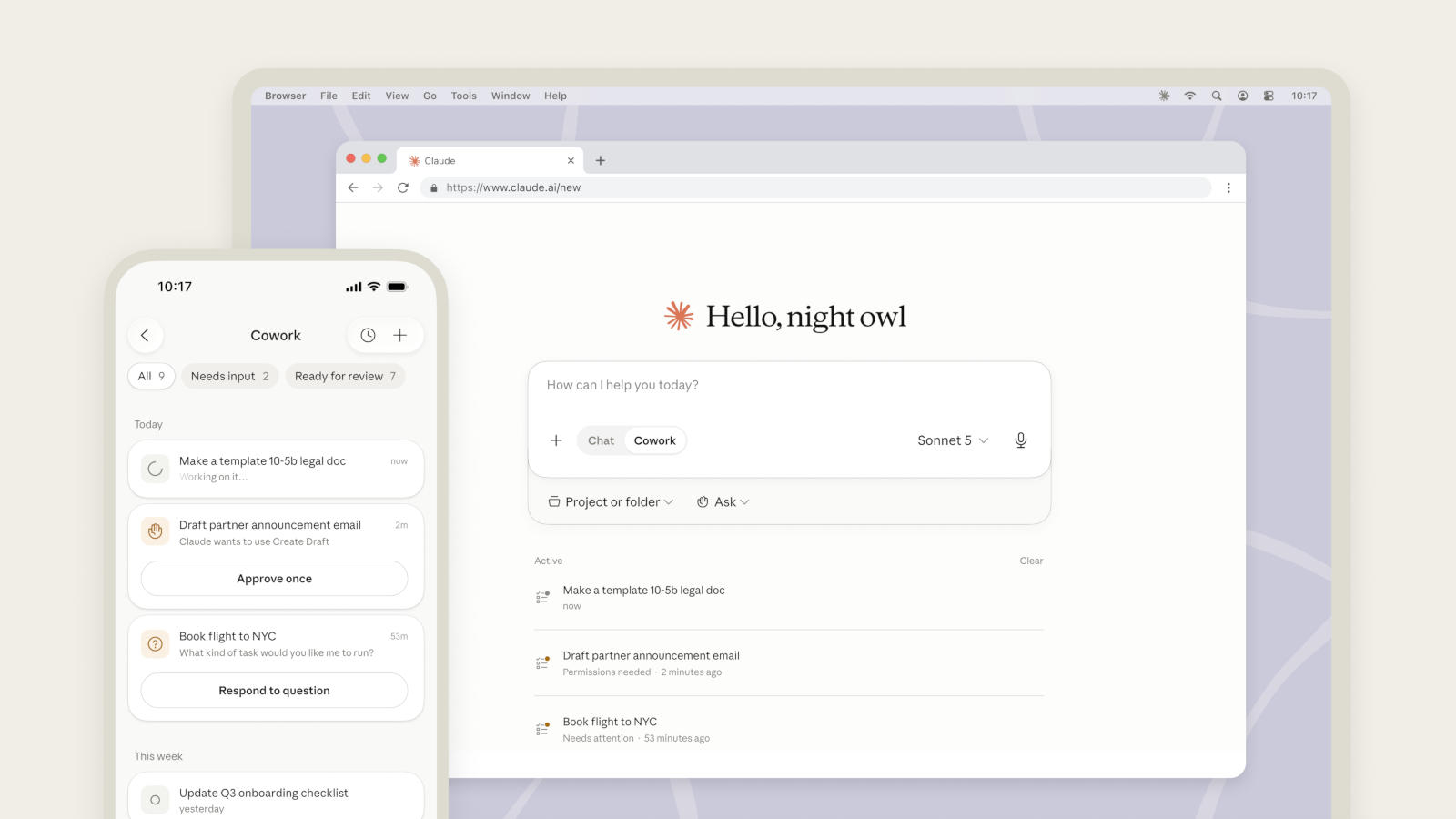 Офіційний скріншот інтерфейсу Cowork з блогу Anthropic, що показує, як задача відображається на мобільному пристрої.