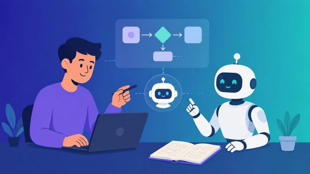 Студент і робот створюють AI-агента за ноутбуком