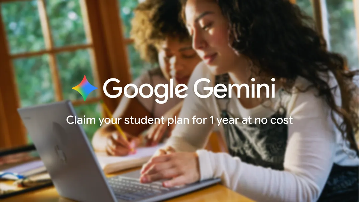 Студентська пропозиція Google AI Plus Студенти працюють за ноутбуком під написом про безкоштовний рік Google Gemini