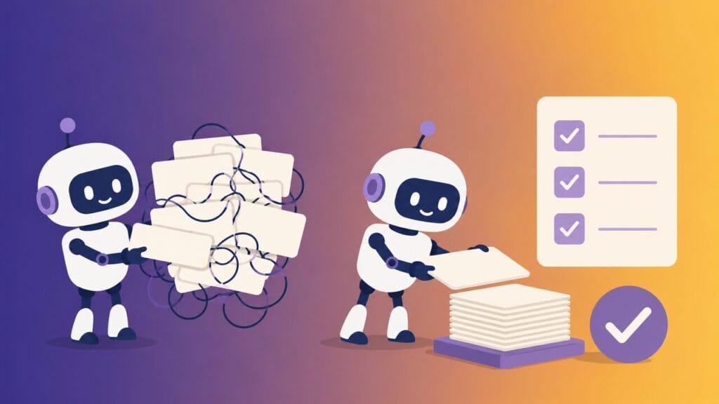 Два роботи переносять заплутані картки коду в упорядковану перевірену стопку