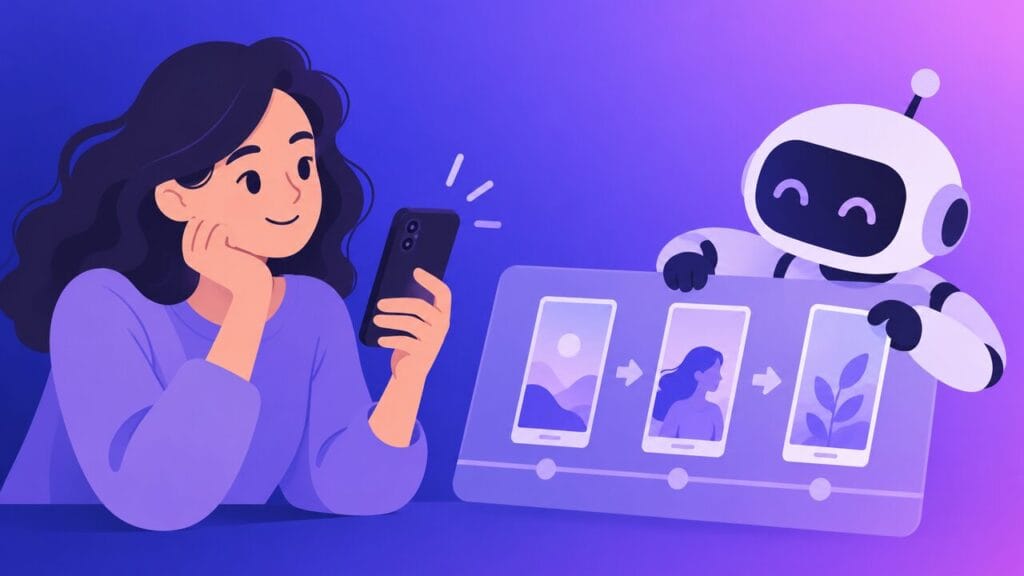 Людина зі смартфоном і робот, який шикує кадри вертикального відео