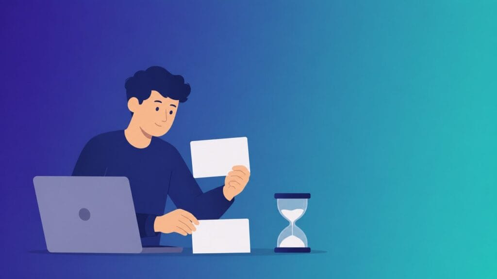 Студент біля ноутбука впорядковує картки поруч із пісочним годинником