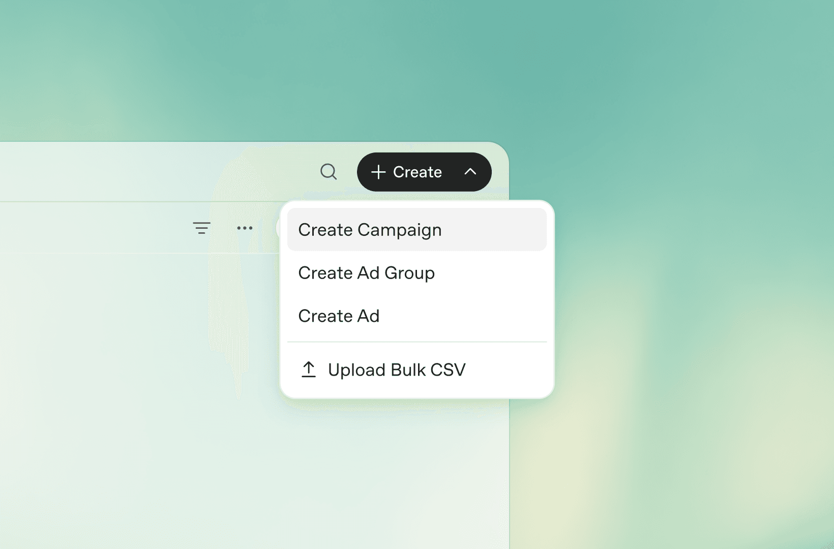 Меню Create в Ads Manager із пунктами створення кампанії, групи й оголошення