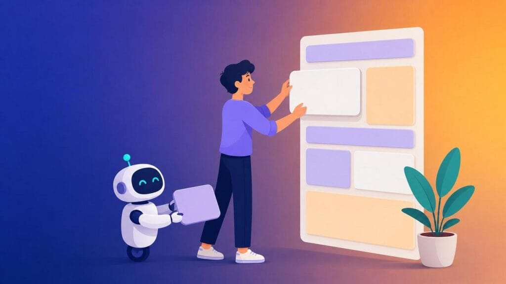 Маркетолог і дизайнер збирають сторінку разом із роботом-помічником